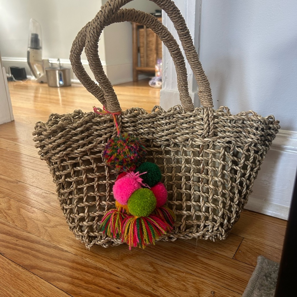 Woven Straw Tote Bag with Colorful Pom Pom